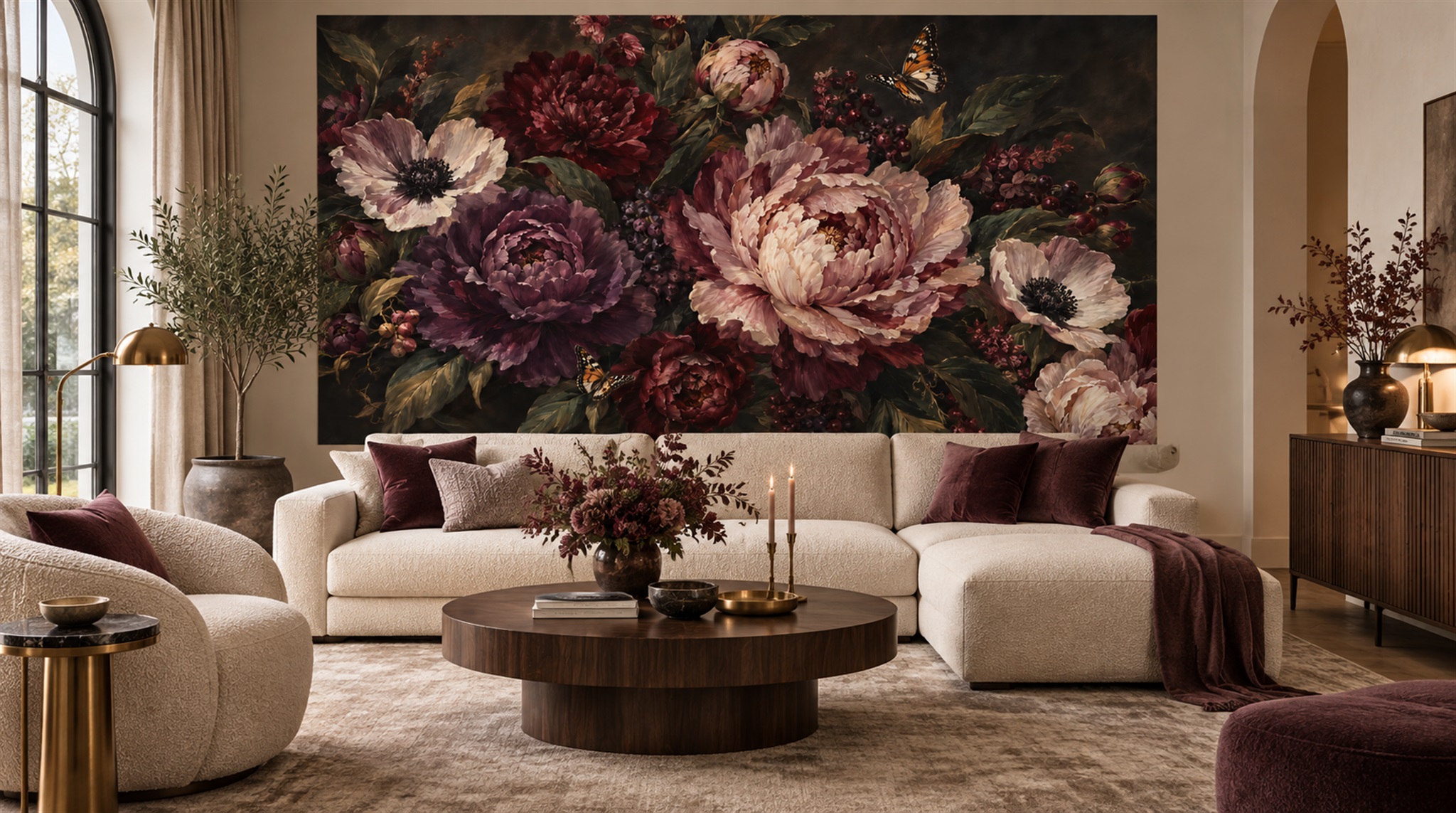 Red And Neutral Decorative Patterning Wallpaper Mural Layered Forms Office-wallpaper-murals, Shown In A Home Office, Peel-and-stick Finish
