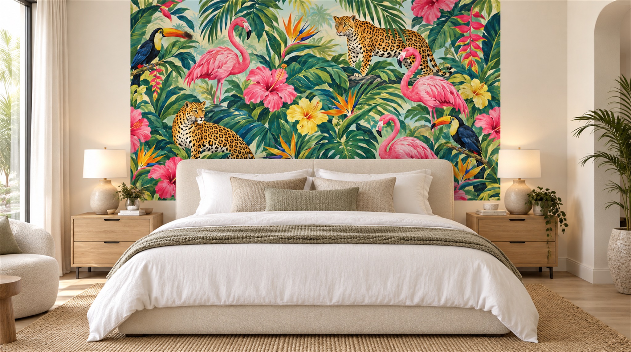 Red And Neutral Palm Leaves Decorative Wallpaper Mural Dining-room-wallpaper-murals, Shown In A Dining Room, Peel-and-stick Finish
