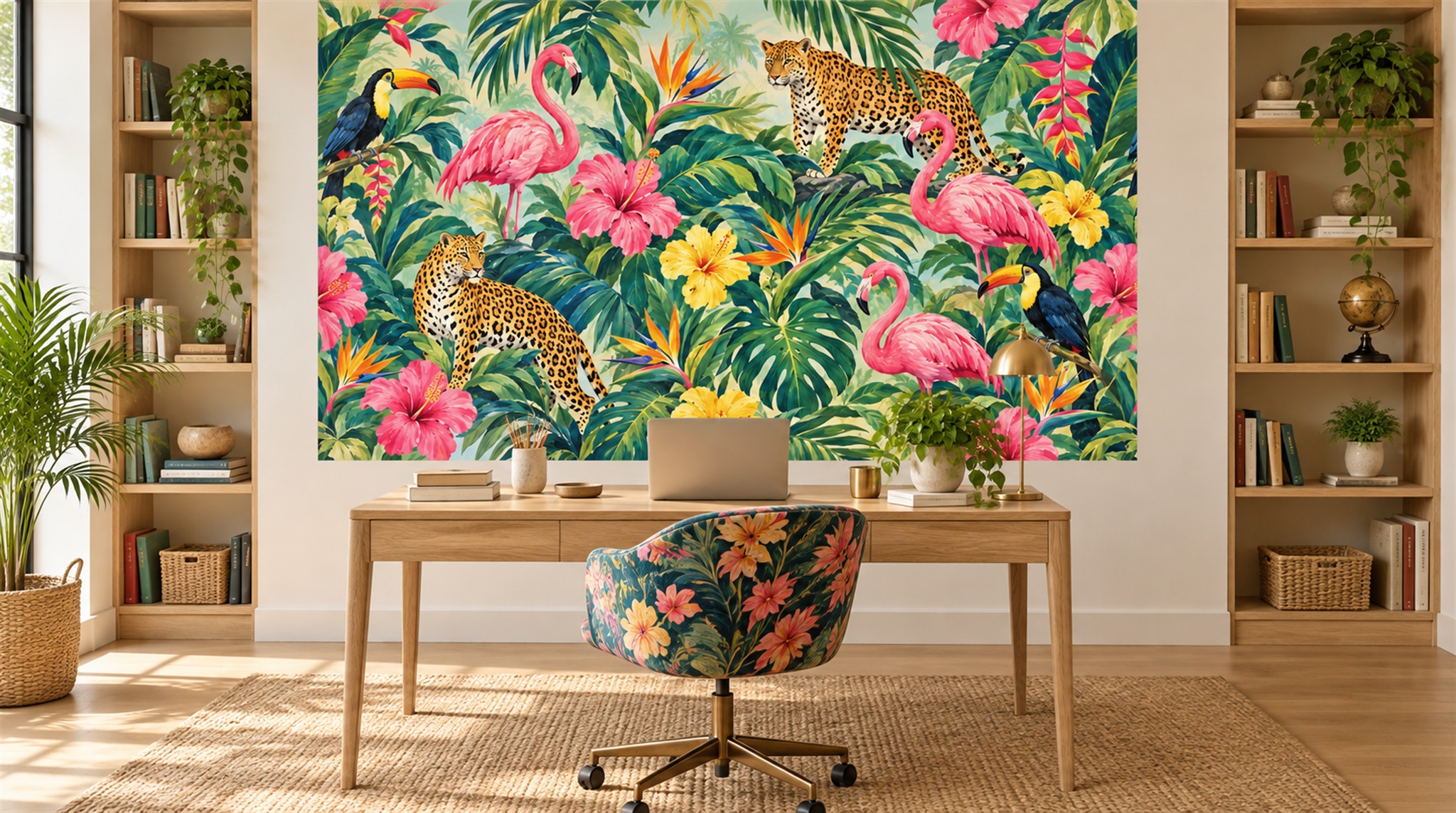 Red And Neutral Palm Leaves Decorative Wallpaper Mural Living-room-wallpaper-murals, Shown In A Living Room, Peel-and-stick Finish