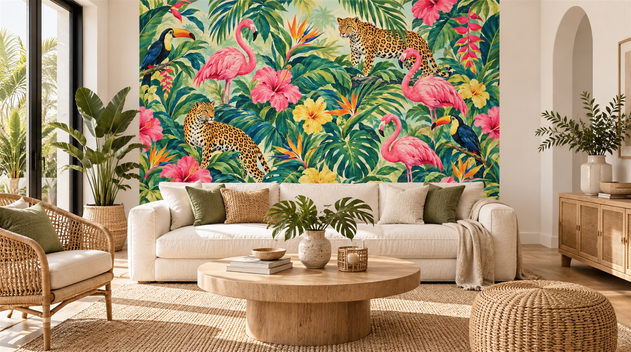 Red And Neutral Palm Leaves Decorative Wallpaper Mural Office-wallpaper-murals, Shown In A Home Office, Peel-and-stick Finish