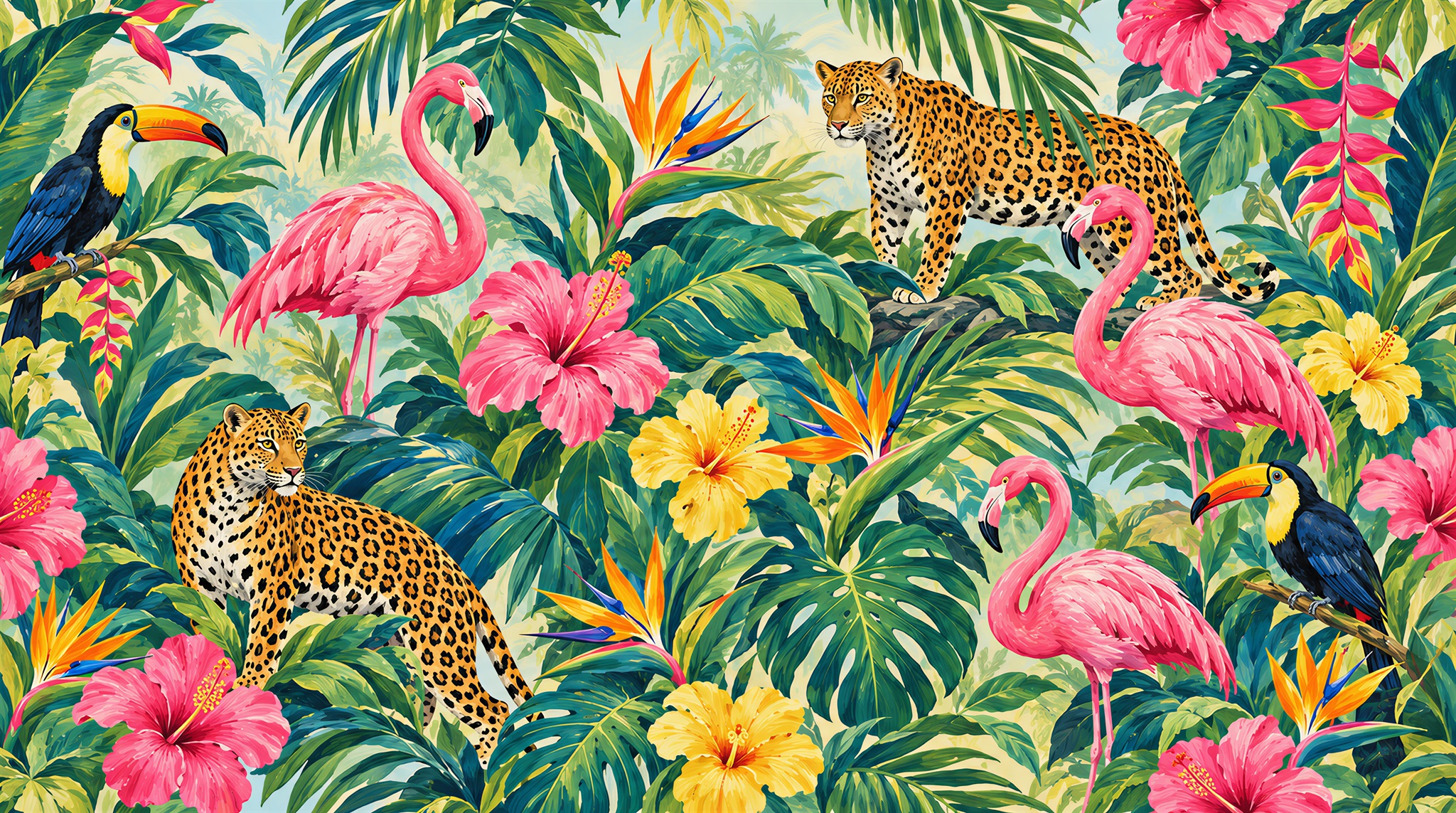 Tropical Flamingos And Leopards Wallpaper Mural — Wallpaper Mural Design, Peel-and-stick Finish