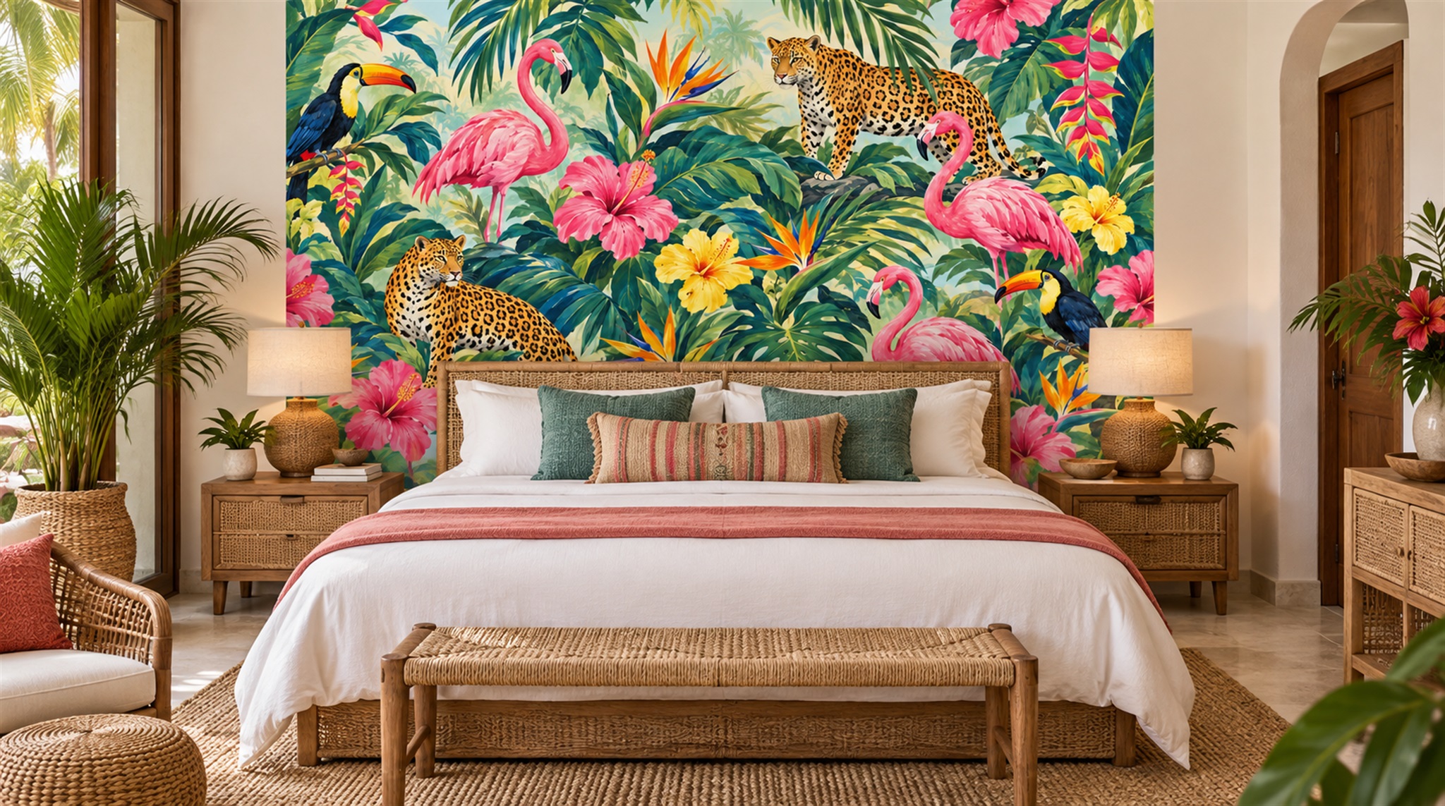 Red And Neutral Palm Leaves Decorative Wallpaper Mural Accent-wall-wallpaper-murals, Peel-and-stick Finish