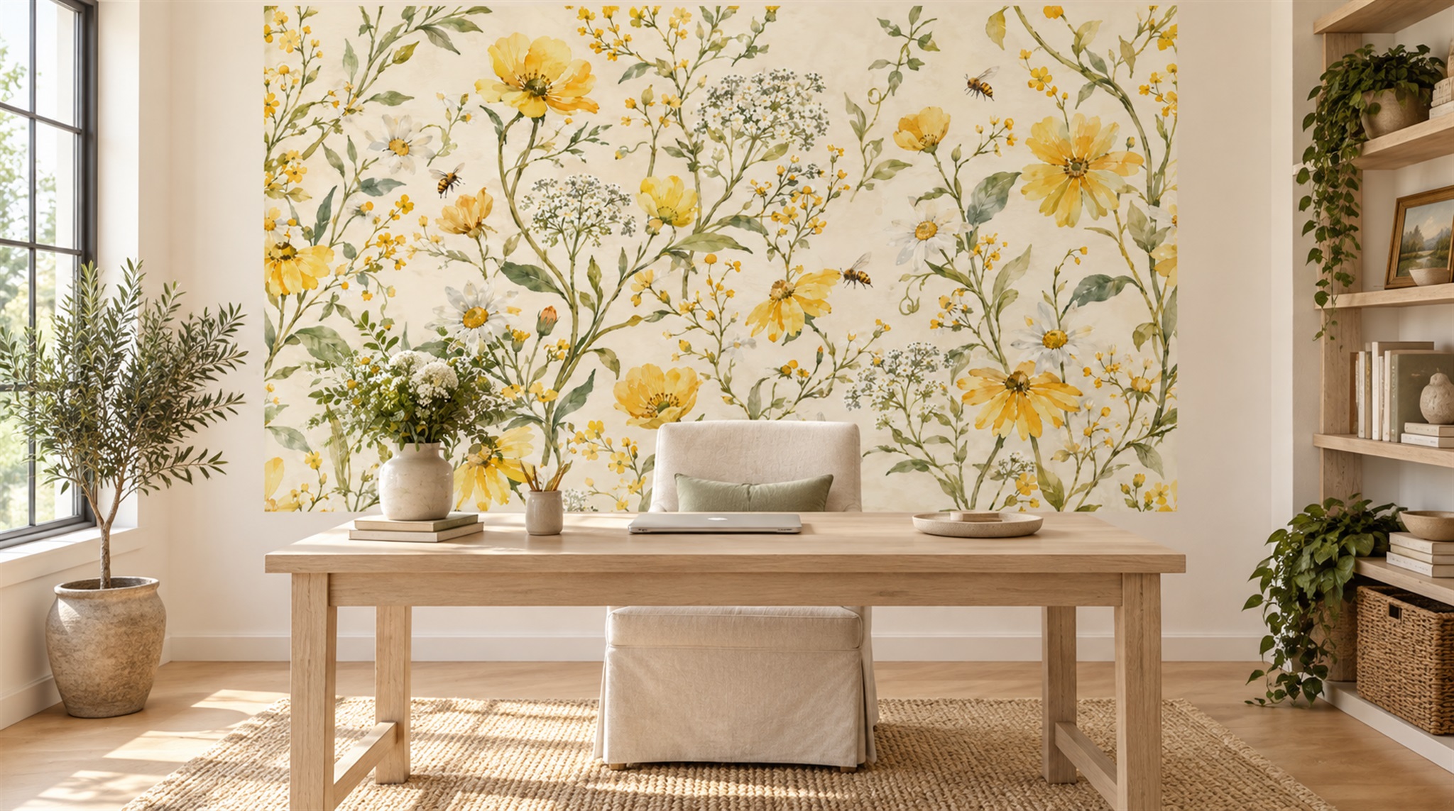 Cream And Red Floral Forms Wallpaper Mural Living-room-wallpaper-murals, Shown In A Living Room, Peel-and-stick Finish