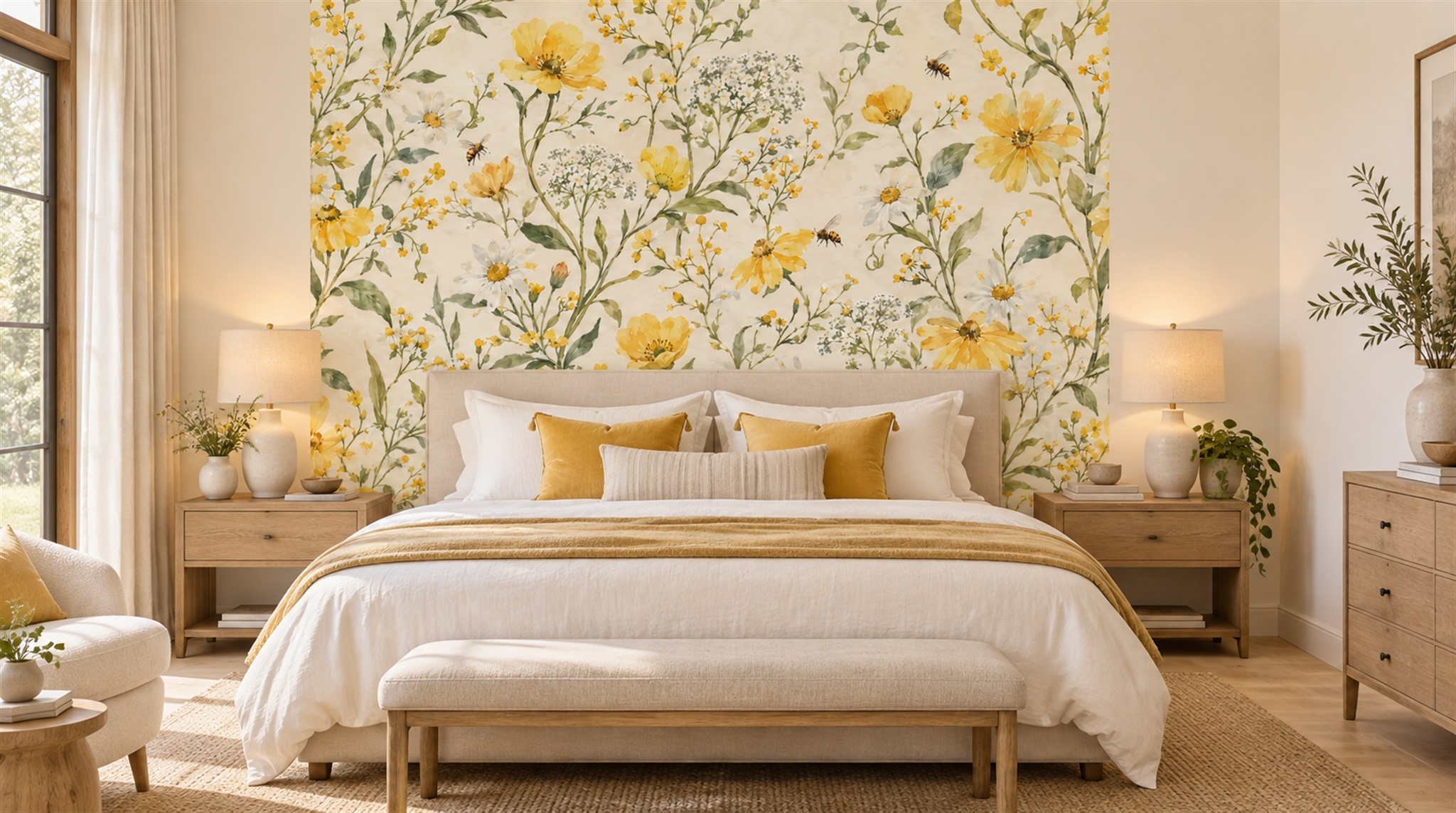 Cream And Red Floral Forms Wallpaper Mural Accent-wall-wallpaper-murals, Peel-and-stick Finish