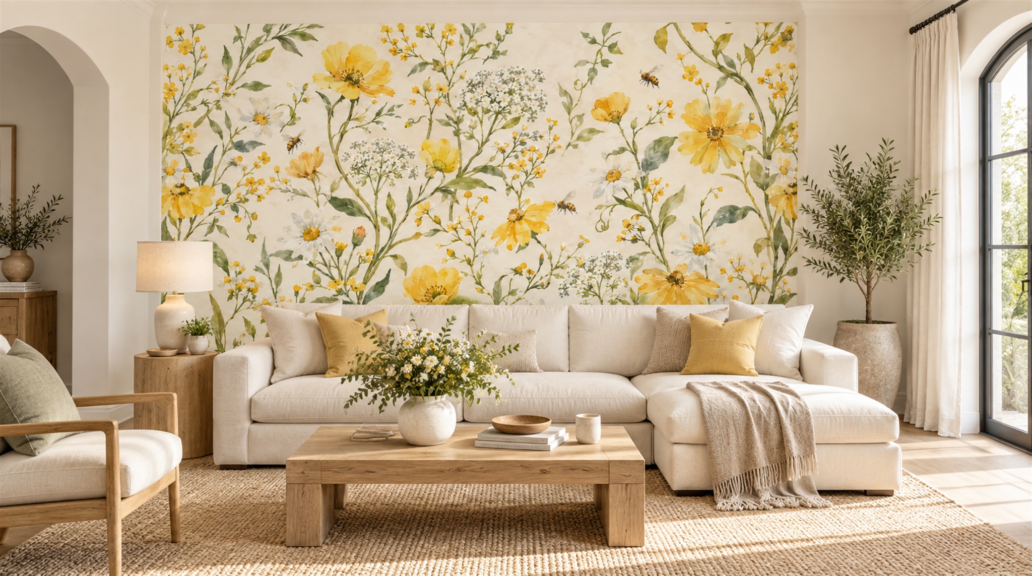 Cream And Red Floral Forms Wallpaper Mural Office-wallpaper-murals, Shown In A Home Office, Peel-and-stick Finish