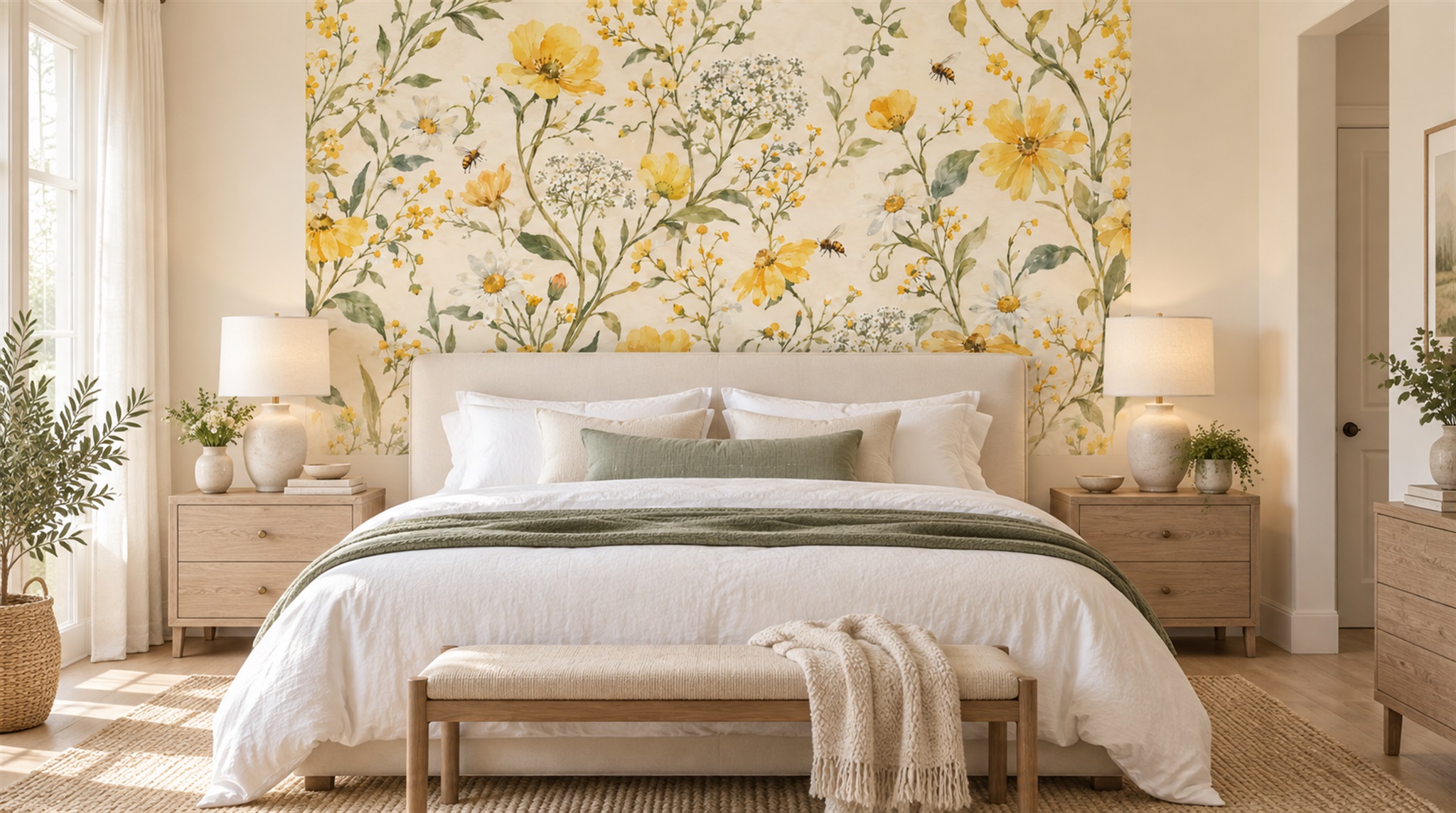 Cream And Red Floral Forms Wallpaper Mural Accent-wall-wallpaper-murals, Peel-and-stick Finish
