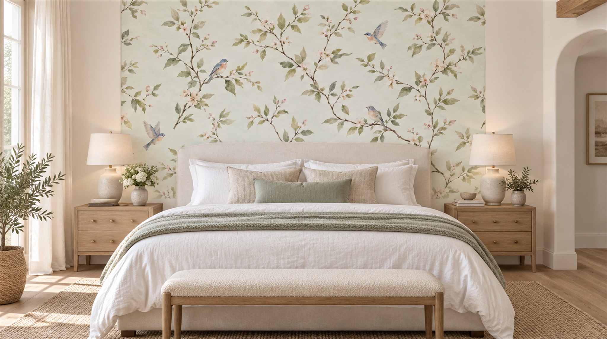 Ivory And Red Decorative Patterning Painterly Wallpaper Mural Dining-room-wallpaper-murals, Shown In A Dining Room, Peel-and-stick Finish