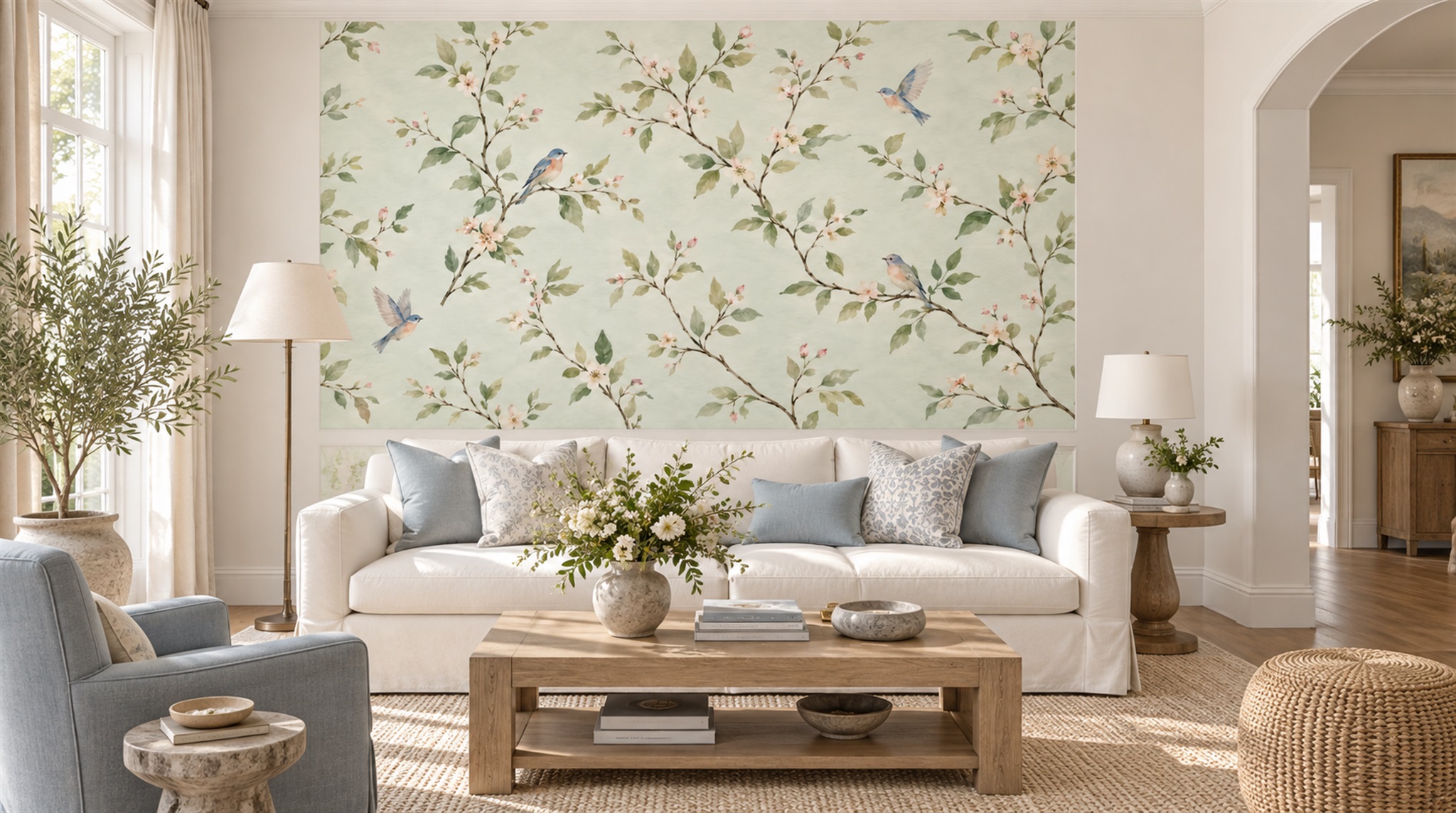 Ivory And Red Decorative Patterning Painterly Wallpaper Mural Office-wallpaper-murals, Shown In A Home Office, Peel-and-stick Finish