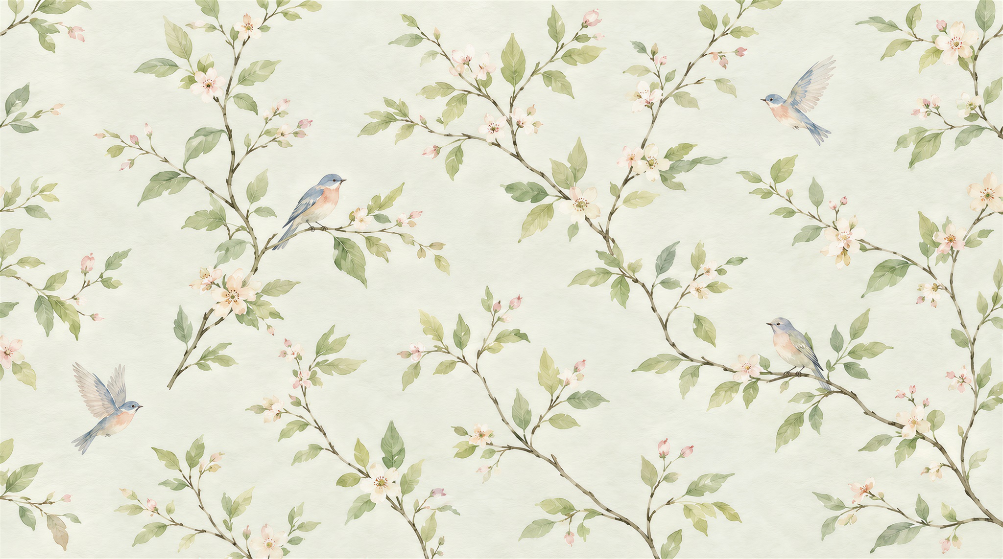 Bluebirds And Blossoming Branches Wallpaper Mural — Wallpaper Mural Design, Peel-and-stick Finish