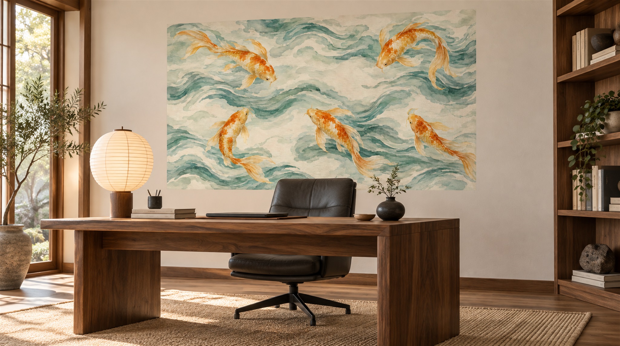Red And Aqua Decorative Patterning Wallpaper Mural Living-room-wallpaper-murals, Shown In A Living Room, Peel-and-stick Finish