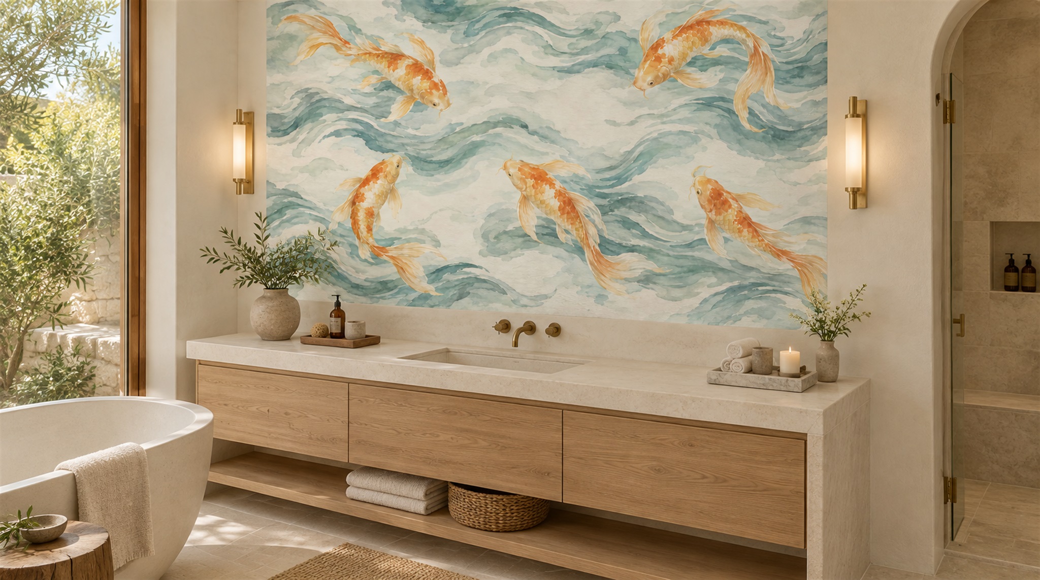 Red And Aqua Decorative Patterning Wallpaper Mural Accent-wall-wallpaper-murals, Peel-and-stick Finish
