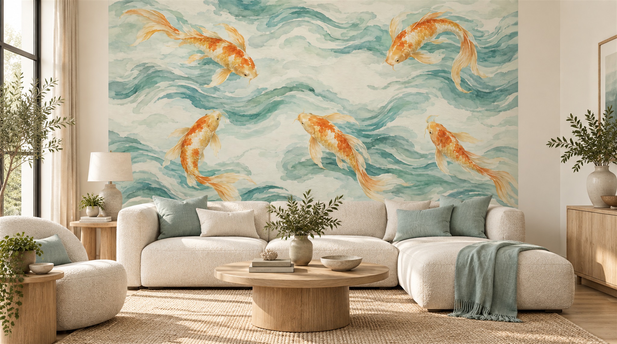 Red And Aqua Decorative Patterning Wallpaper Mural Office-wallpaper-murals, Shown In A Home Office, Peel-and-stick Finish