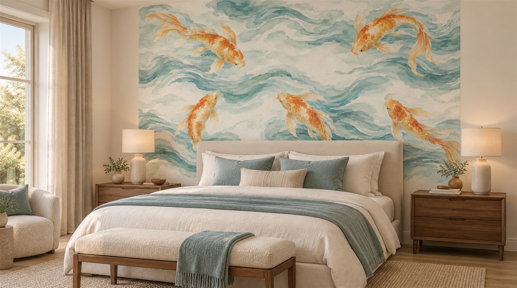 Red And Aqua Decorative Patterning Wallpaper Mural Accent-wall-wallpaper-murals, Peel-and-stick Finish
