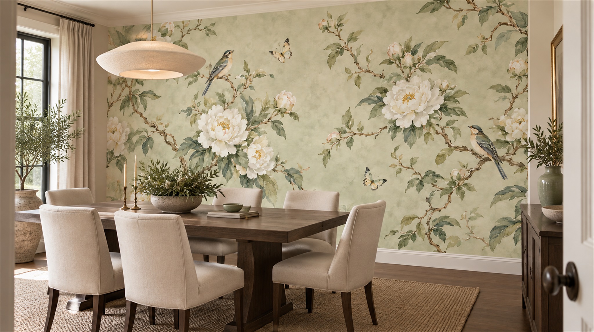 Red And Sage Green Decorative Patterning Wallpaper Painterly Wallpaper Bedroom-wallpaper-murals, Peel-and-stick Finish