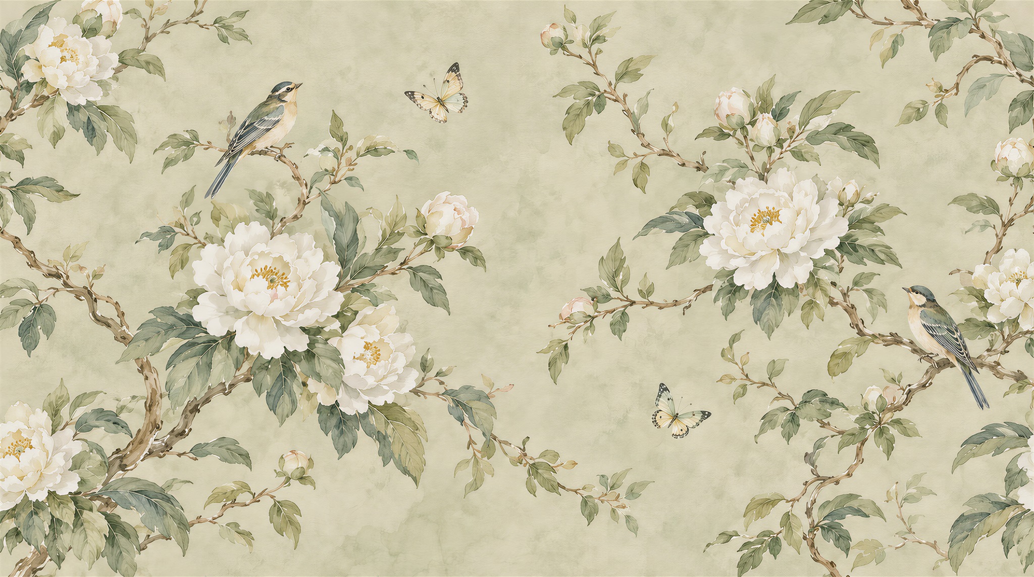White Peonies And Bluebirds Botanical Wallpaper Mural — Wallpaper Mural Design, Peel-and-stick Finish
