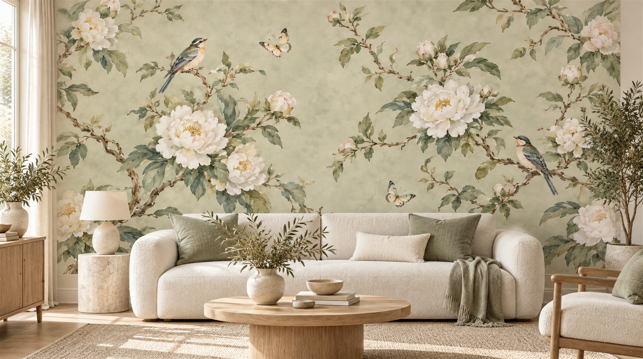 Red And Sage Green Decorative Patterning Wallpaper Painterly Wallpaper Accent-wall-wallpaper-murals, Peel-and-stick Finish