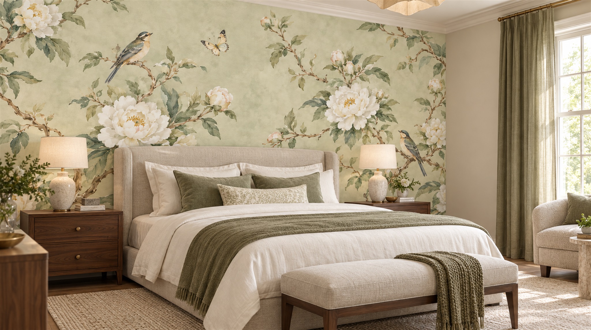 Red And Sage Green Decorative Patterning Wallpaper Painterly Wallpaper Dining-room-wallpaper-murals, Shown In A Dining Room, Peel-and-stick Finish
