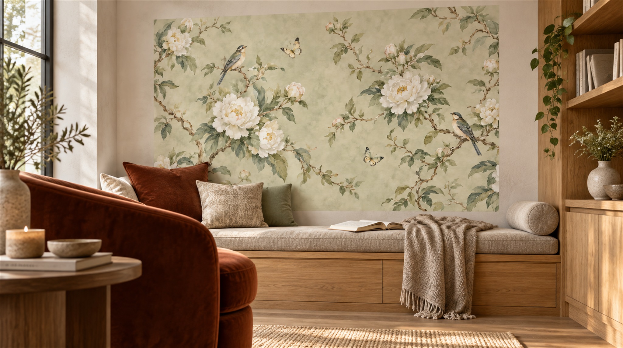 Red And Sage Green Decorative Patterning Wallpaper Painterly Wallpaper Living-room-wallpaper-murals, Shown In A Living Room, Peel-and-stick Finish
