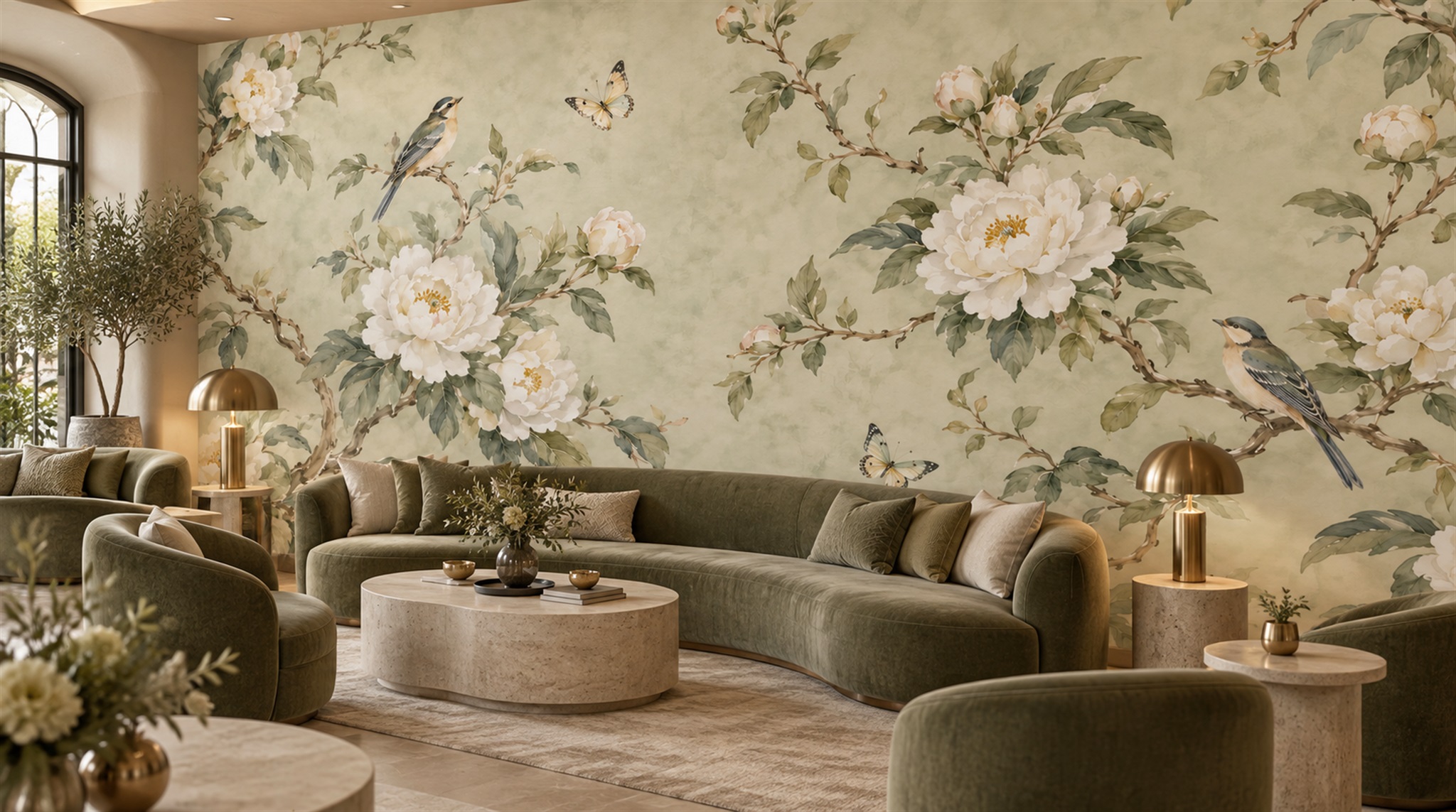 Red And Sage Green Decorative Patterning Wallpaper Painterly Wallpaper Accent-wall-wallpaper-murals, Peel-and-stick Finish