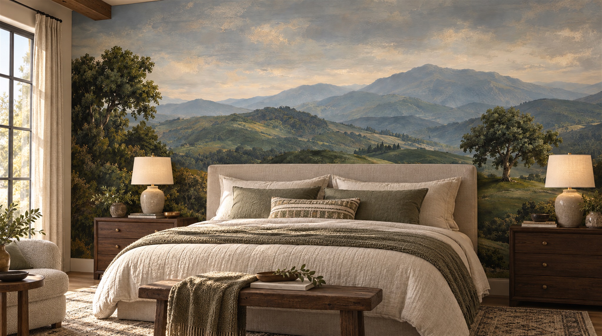 Red And Green A Painterly Scenic View Bedroom-wallpaper-murals, Peel-and-stick Finish