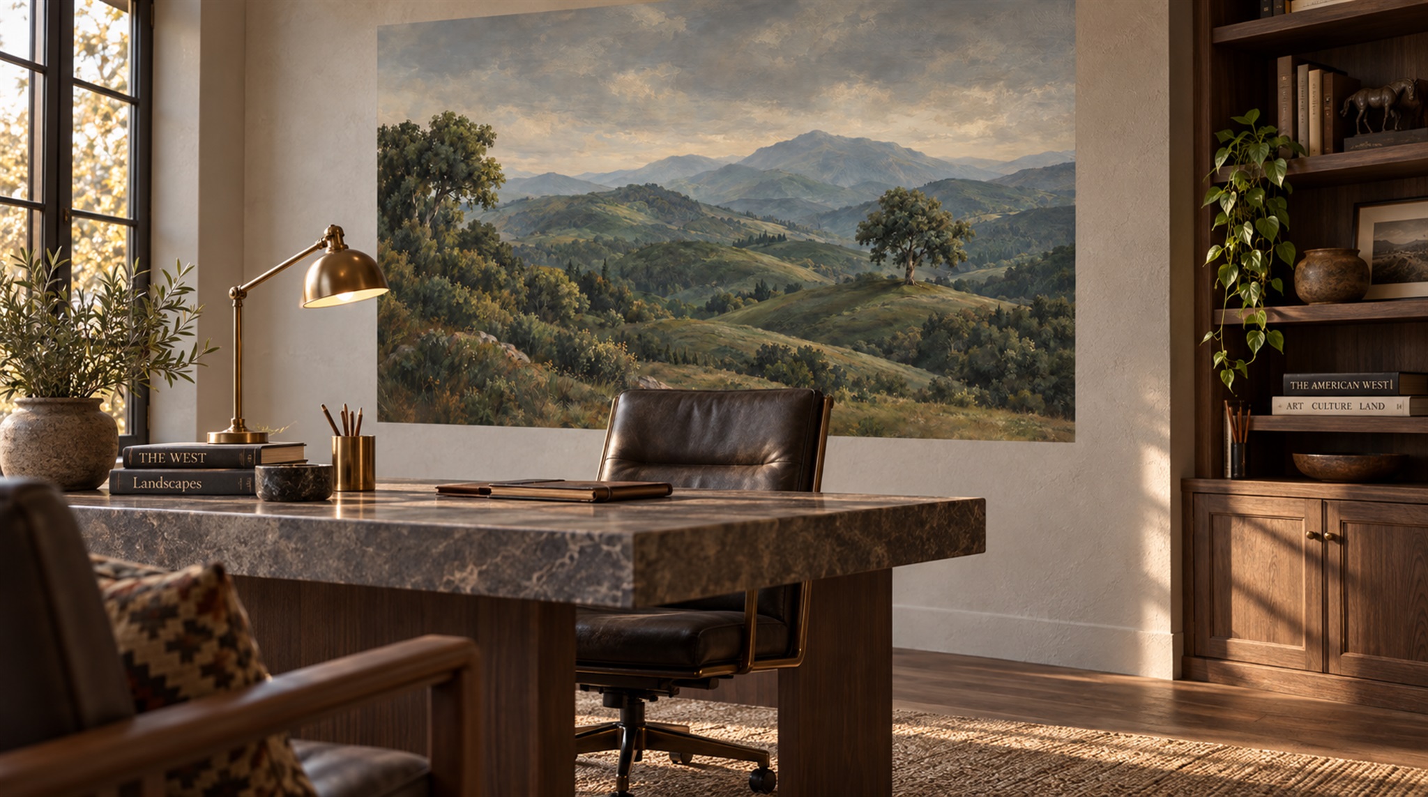 Red And Green A Painterly Scenic View Office-wallpaper-murals, Shown In A Home Office, Peel-and-stick Finish