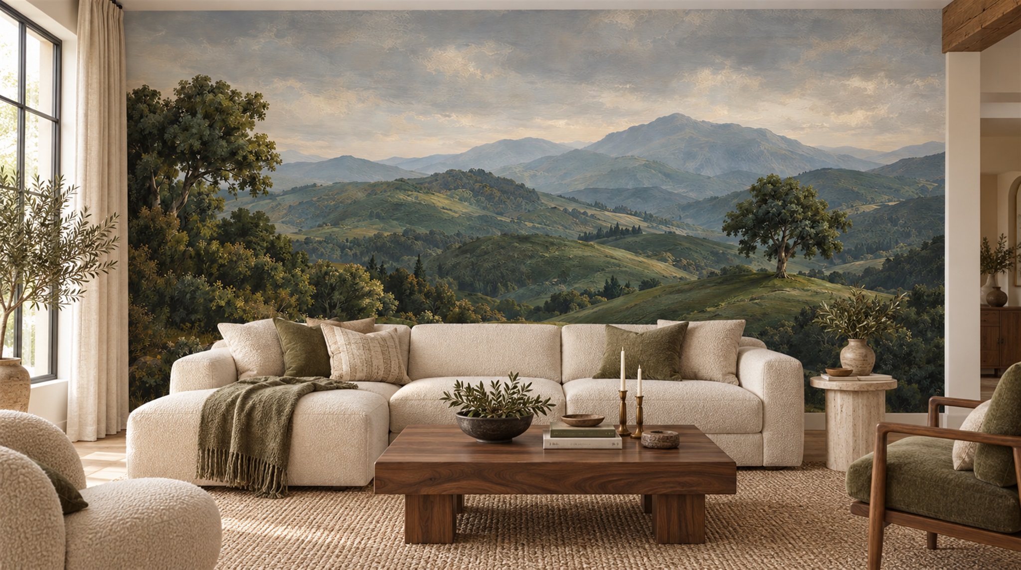 Red And Green A Painterly Scenic View Living-room-wallpaper-murals, Peel-and-stick Finish