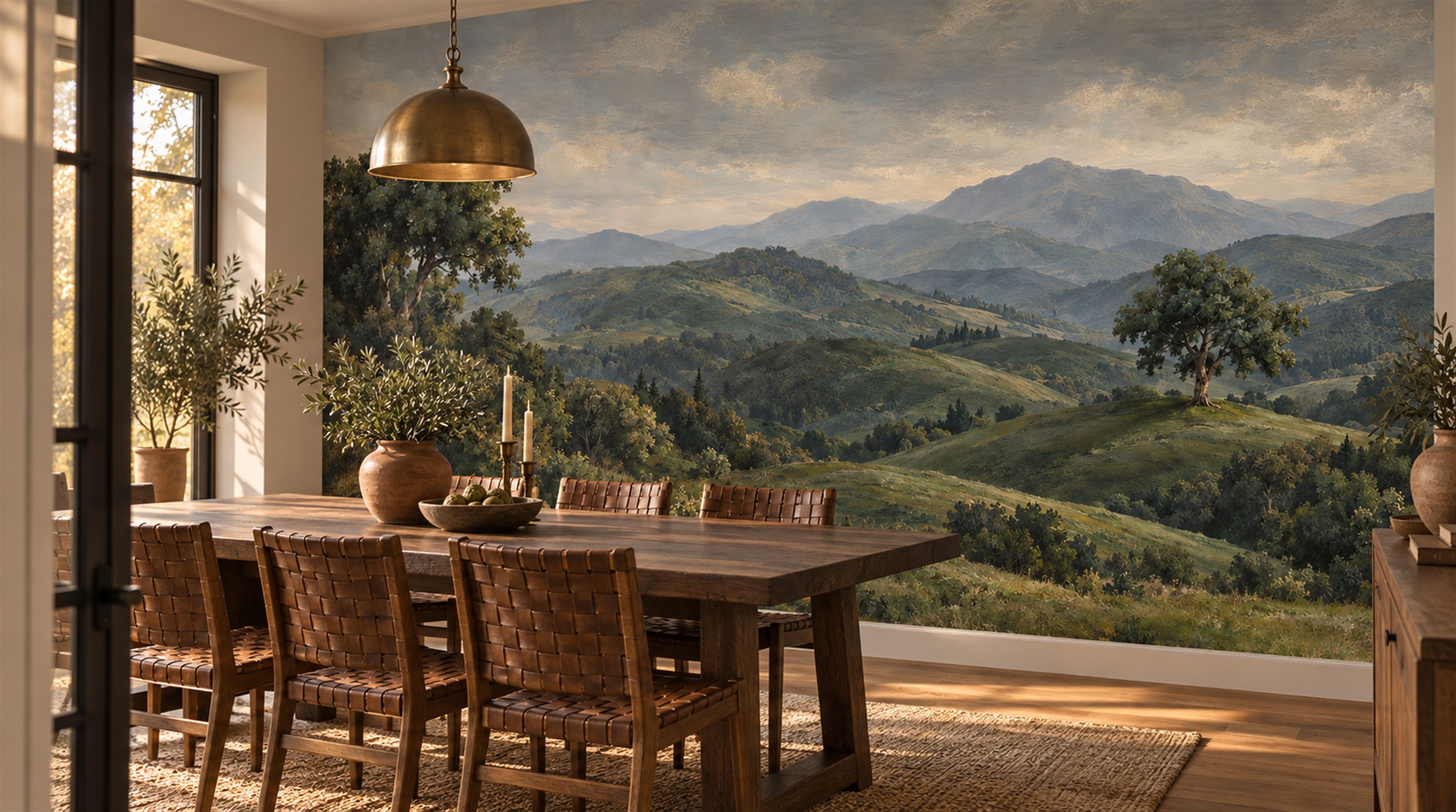 Red And Green A Painterly Scenic View Dining-room-wallpaper-murals, Shown In A Dining Room, Peel-and-stick Finish