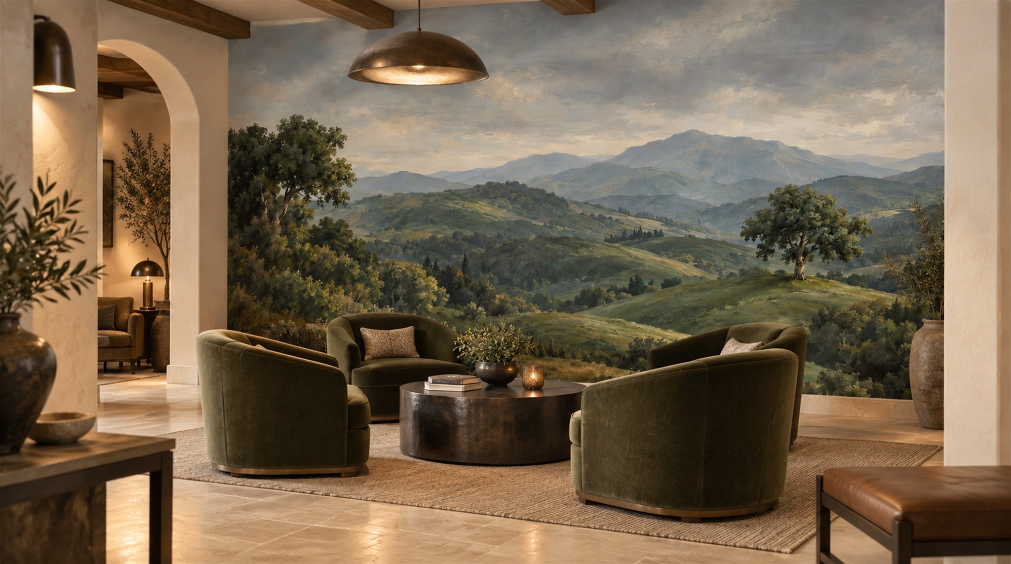 Red And Green A Painterly Scenic View Feature-wall-wallpaper-murals, Peel-and-stick Finish