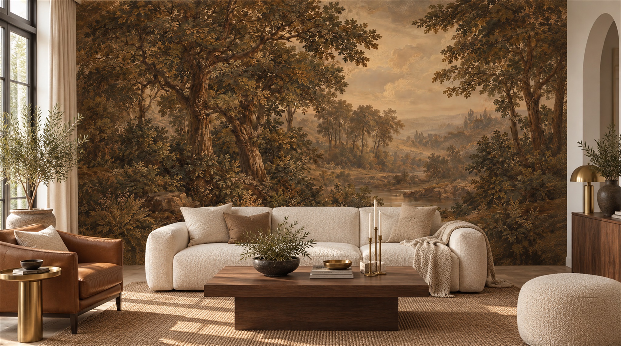 Sepia Woodland River Valley Wallpaper Mural — Wallpaper Mural Design, Peel-and-stick Finish