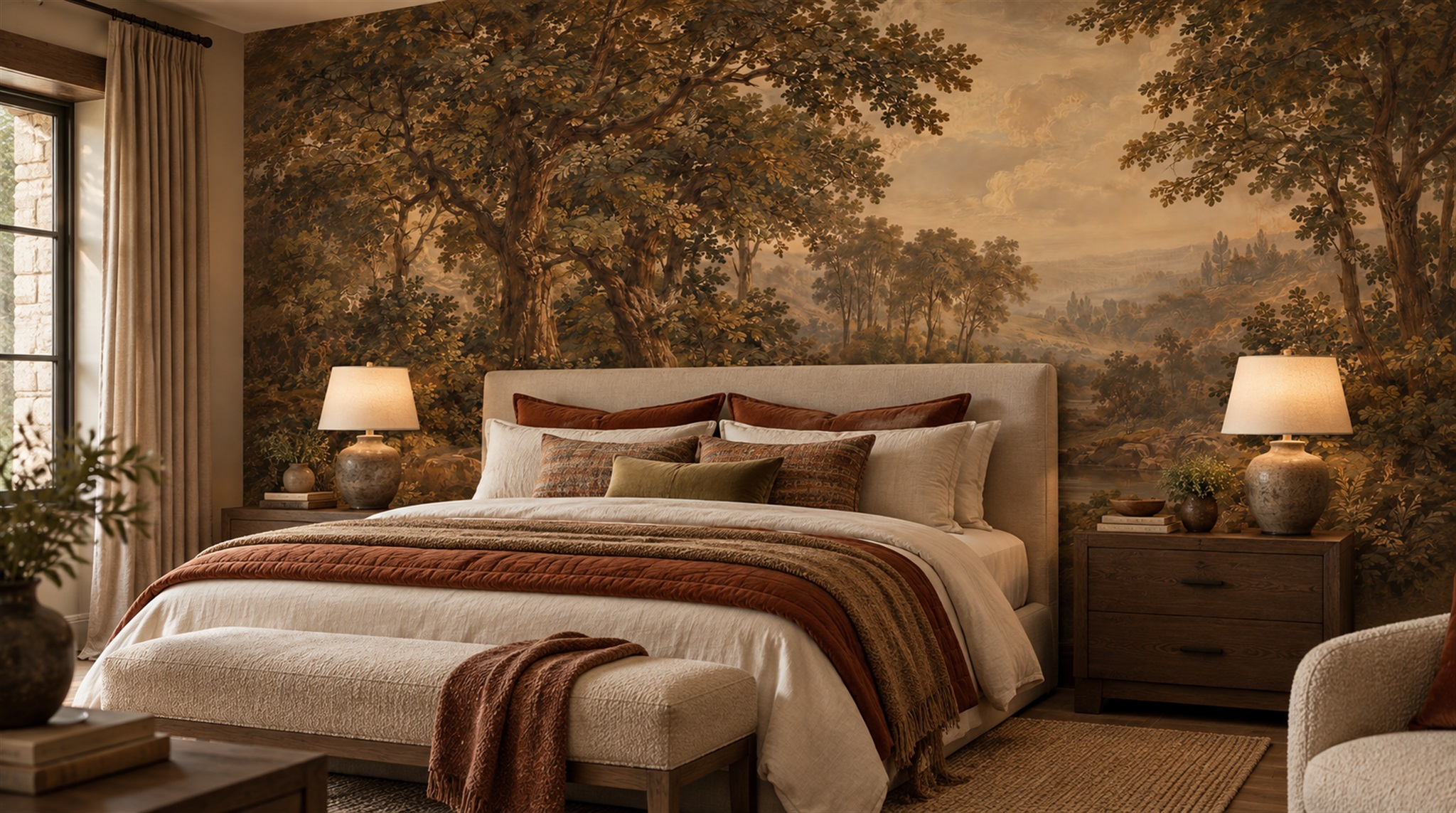 Brown And Red Decorative Patterning Layered Wallpaper Mural Bedroom-wallpaper-murals, Peel-and-stick Finish
