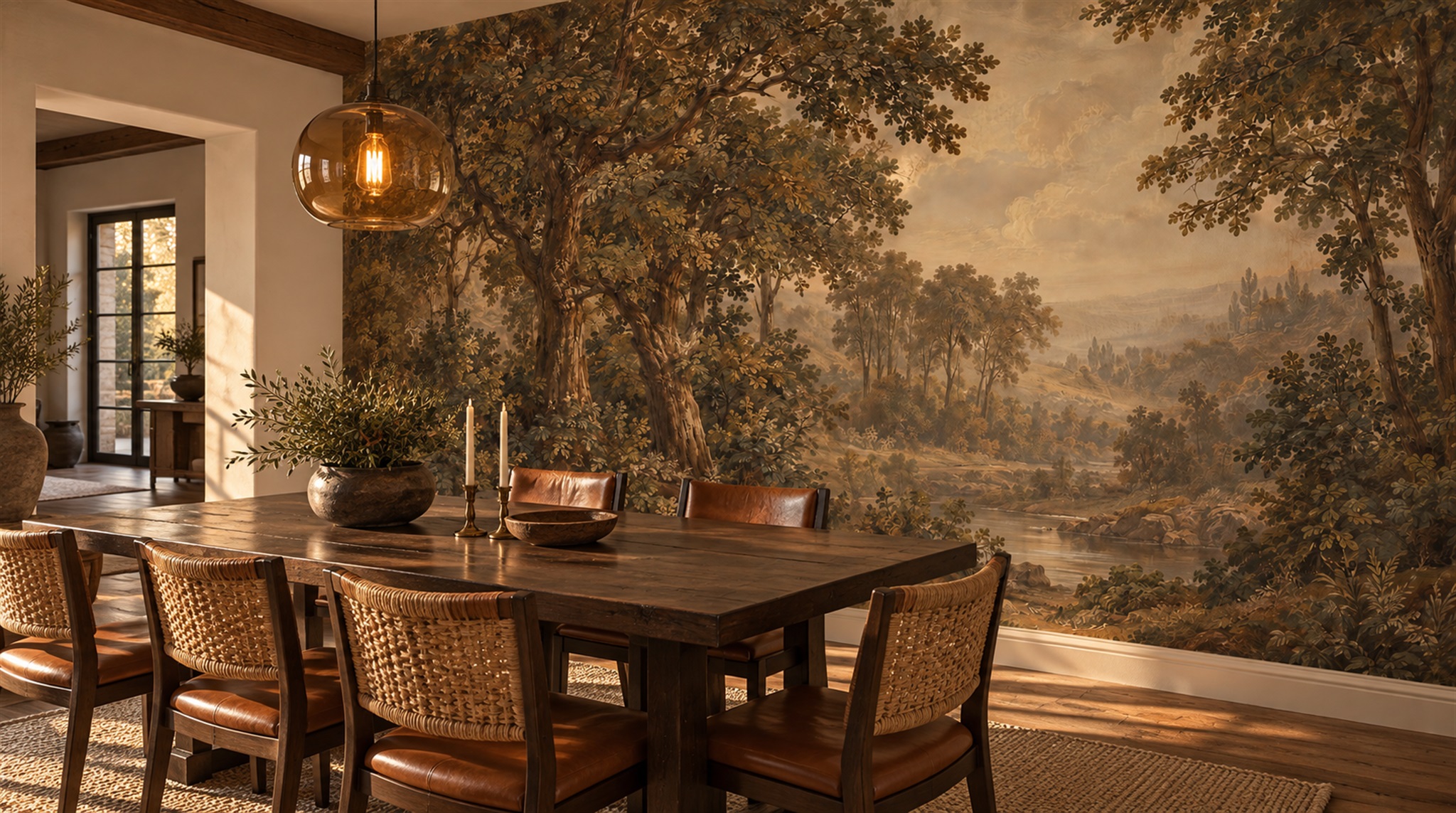 Brown And Red Decorative Patterning Layered Wallpaper Mural Dining-room-wallpaper-murals, Shown In A Dining Room, Peel-and-stick Finish
