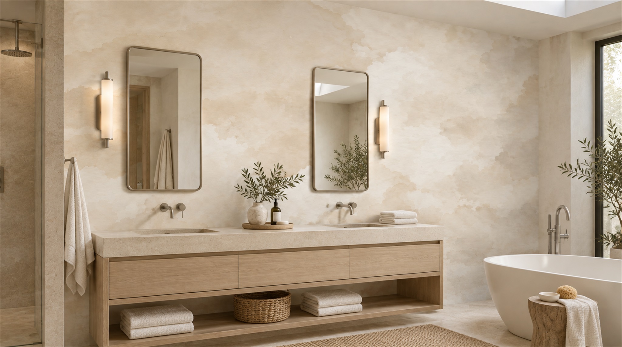 Ivory And Red Decorative Patterning Atmospheric Wallpaper Mural Accent-wall-wallpaper-murals, Peel-and-stick Finish