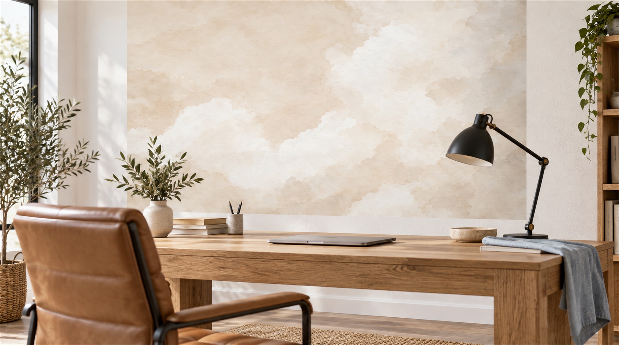 Ivory And Red Decorative Patterning Atmospheric Wallpaper Mural Office-wallpaper-murals, Shown In A Home Office, Peel-and-stick Finish