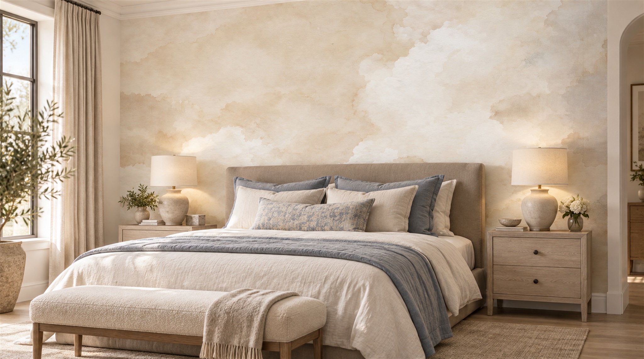 Ivory And Red Decorative Patterning Atmospheric Wallpaper Mural Bedroom-wallpaper-murals, Peel-and-stick Finish