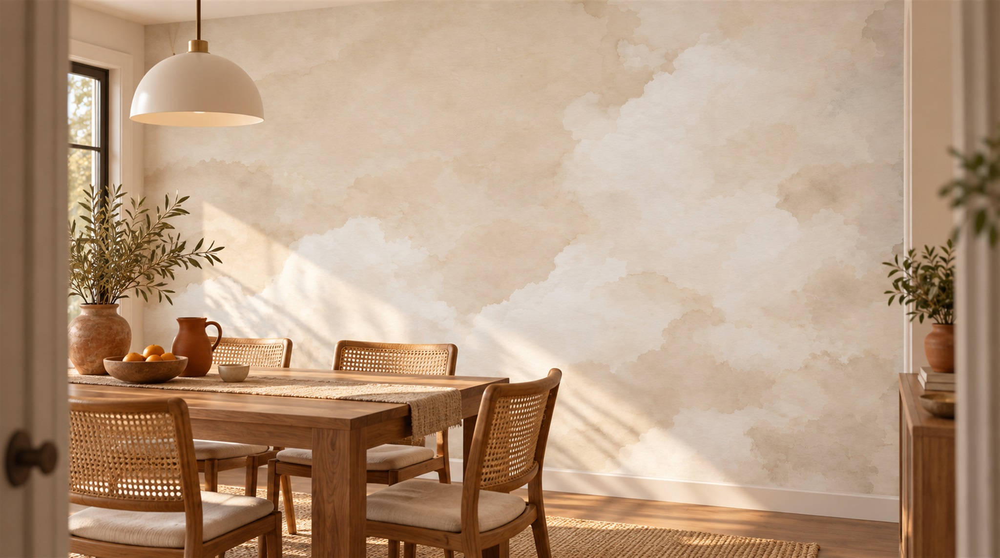 Ivory And Red Decorative Patterning Atmospheric Wallpaper Mural Dining-room-wallpaper-murals, Shown In A Dining Room, Peel-and-stick Finish