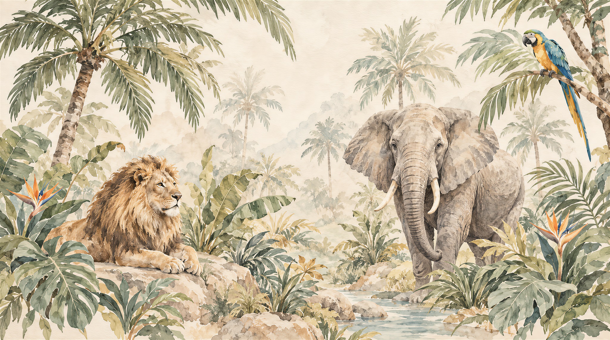 Lion And Elephant Safari Wallpaper Mural — Wallpaper Mural Design, Peel-and-stick Finish