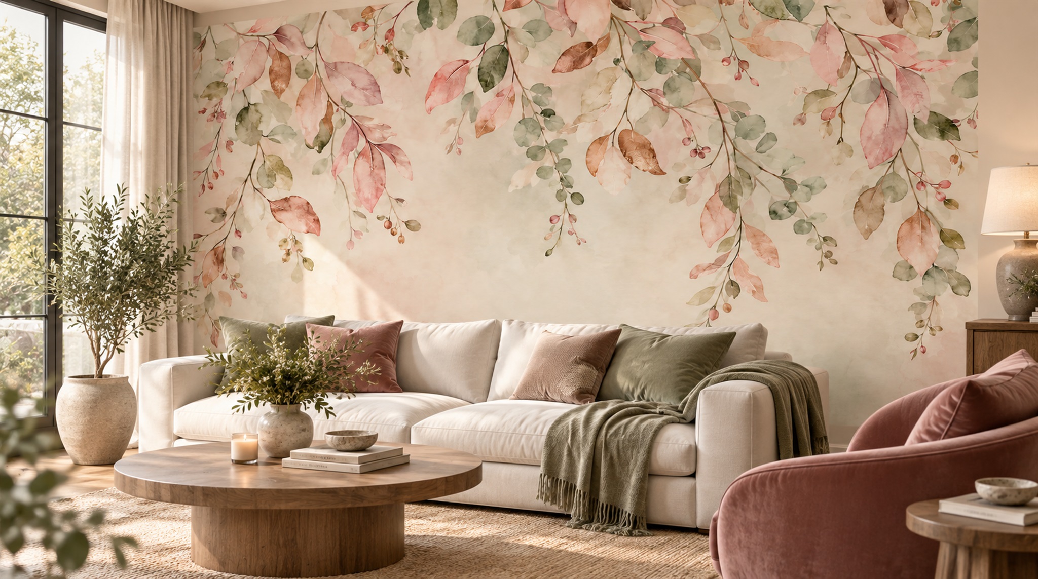 Red And Pink Decorative Patterning Painterly Wallpaper Mural Living-room-wallpaper-murals, Shown In A Living Room, Peel-and-stick Finish