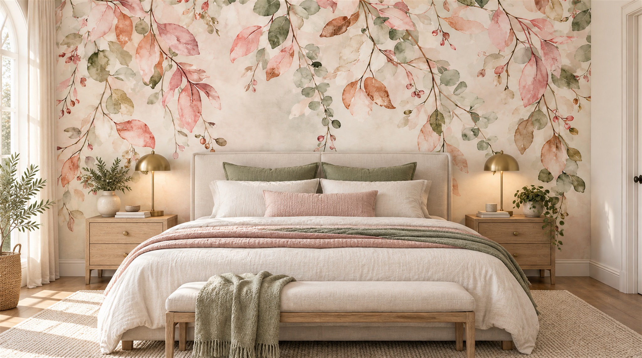 Blush Blossom Branches Wallpaper Mural — Installed Wallpaper Mural In A Bedroom, Peel-and-stick Finish