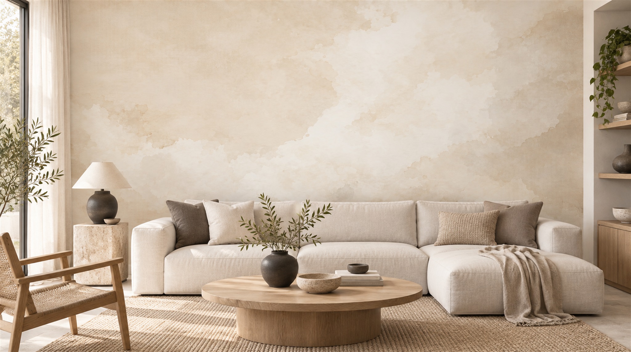 Pale Beige Watercolour Wash Wallpaper Mural — Wallpaper Mural Design, Peel-and-stick Finish