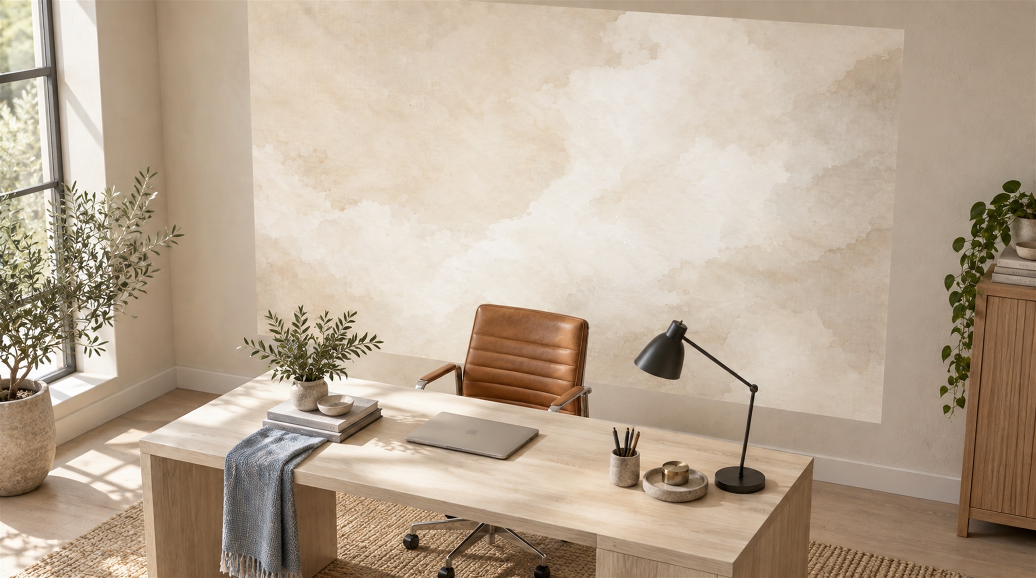 Ivory And Red Decorative Patterning Illustrated Wallpaper Mural Office-wallpaper-murals, Shown In A Home Office, Peel-and-stick Finish