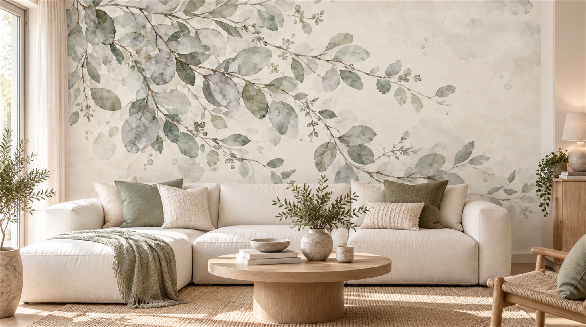 Red And Sage Green Decorative Patterning Wallpaper Organic Wallpaper Feature-wall-wallpaper-murals, Peel-and-stick Finish