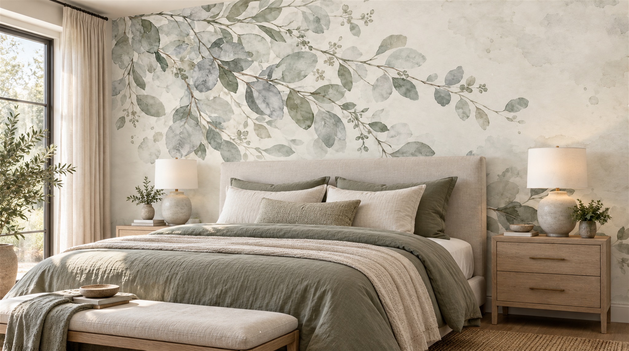 Sage Eucalyptus Branches On Ivory Wallpaper Mural — Installed Wallpaper Mural In A Bedroom, Peel-and-stick Finish