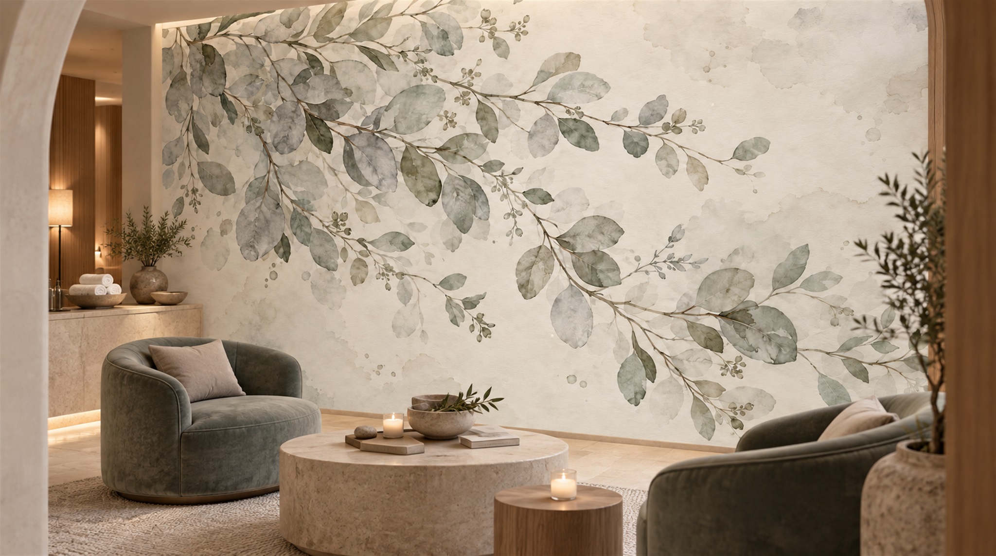 Red And Sage Green Decorative Patterning Wallpaper Organic Wallpaper Feature-wall-wallpaper-murals, Peel-and-stick Finish