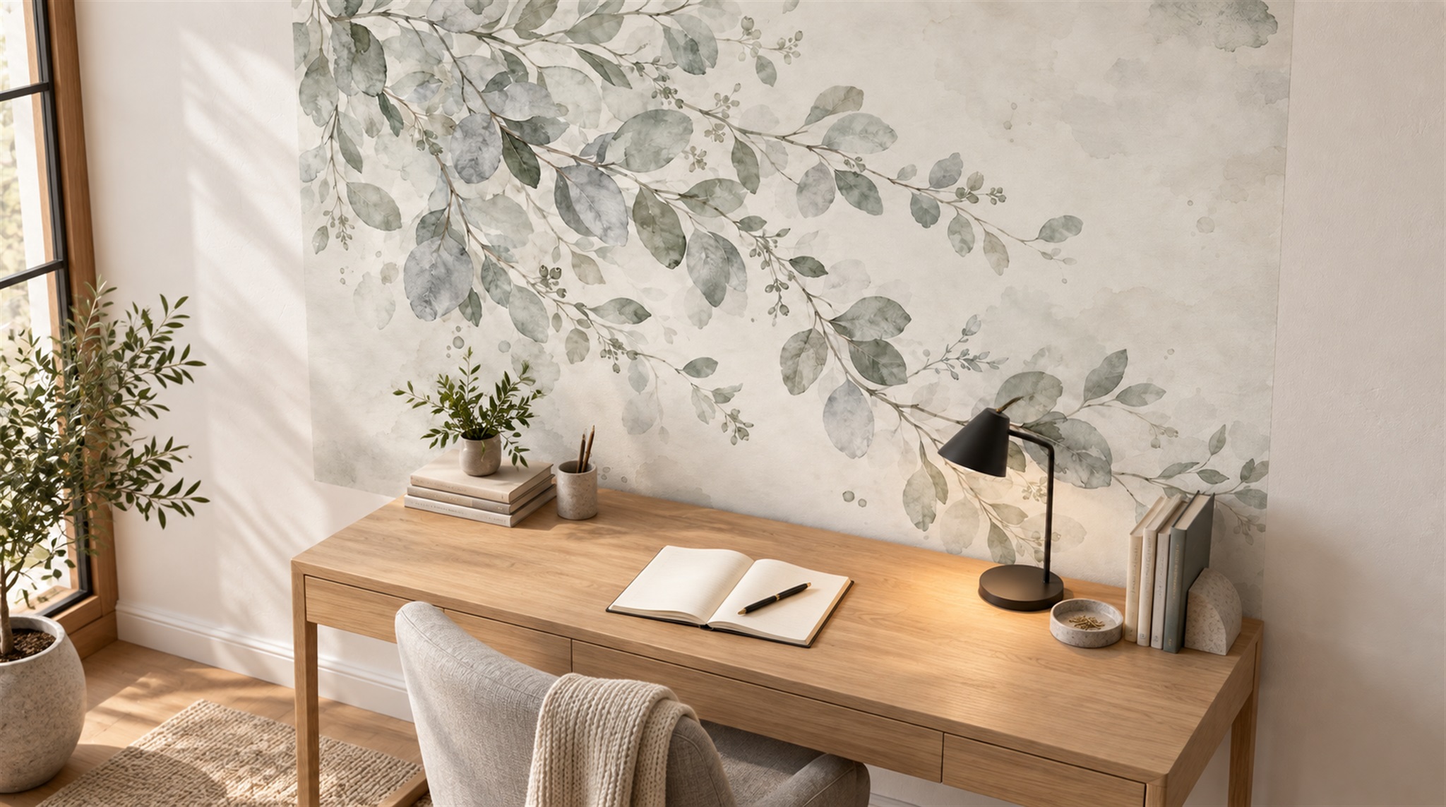 Sage watercolour leaves on a flat wall above a wooden desk, shown as a niche-planning reference