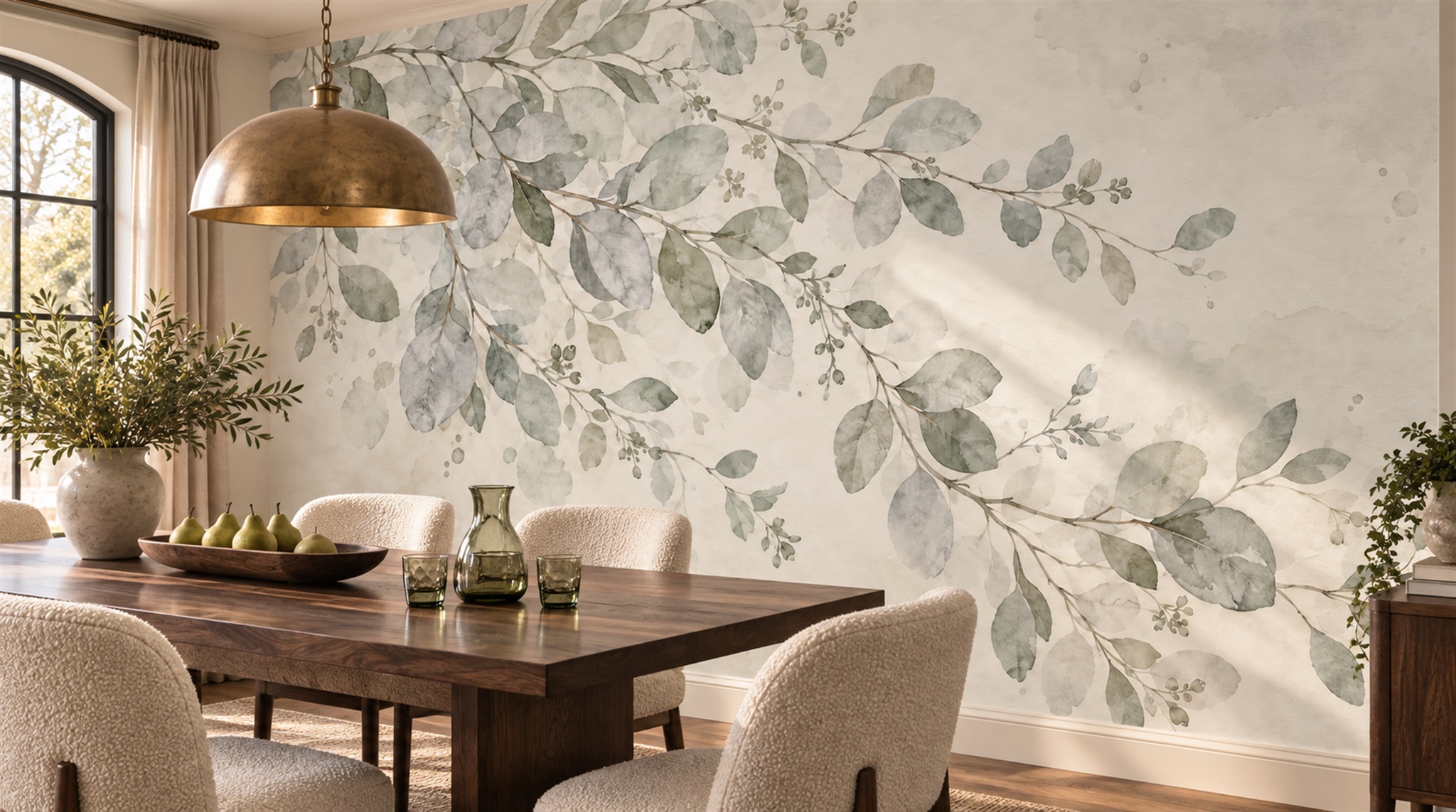 Red And Sage Green Decorative Patterning Wallpaper Organic Wallpaper Dining-room-wallpaper-murals, Shown In A Dining Room, Peel-and-stick Finish