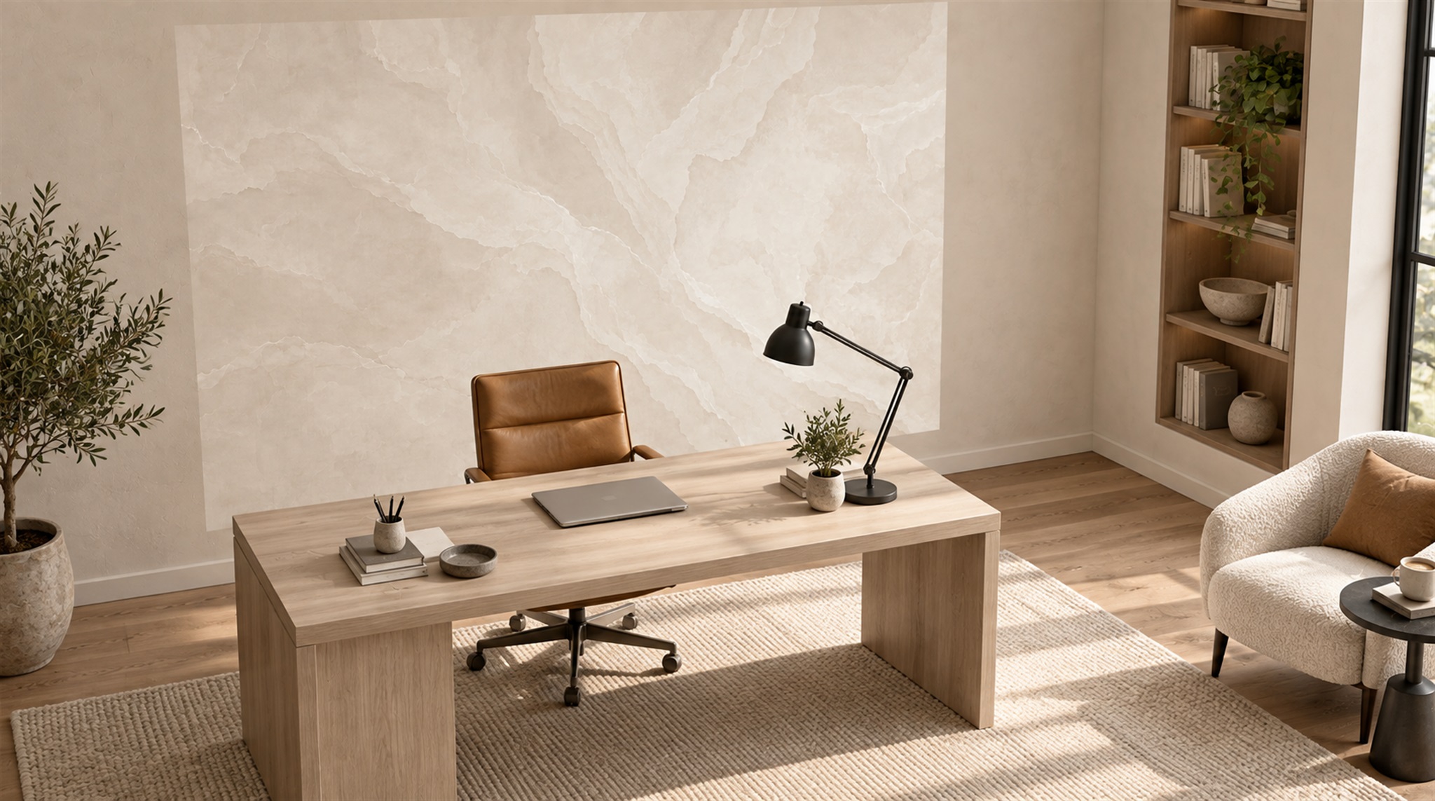 Ivory And Red Marble Veining Wallpaper Mural Office-wallpaper-murals, Shown In A Home Office, Peel-and-stick Finish