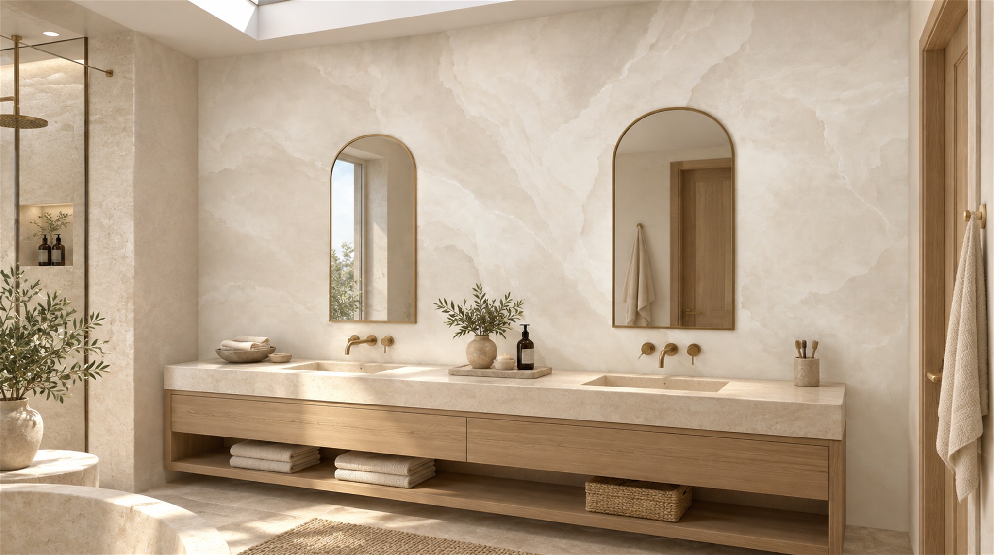 Ivory And Red Marble Veining Wallpaper Mural Feature-wall-wallpaper-murals, Peel-and-stick Finish