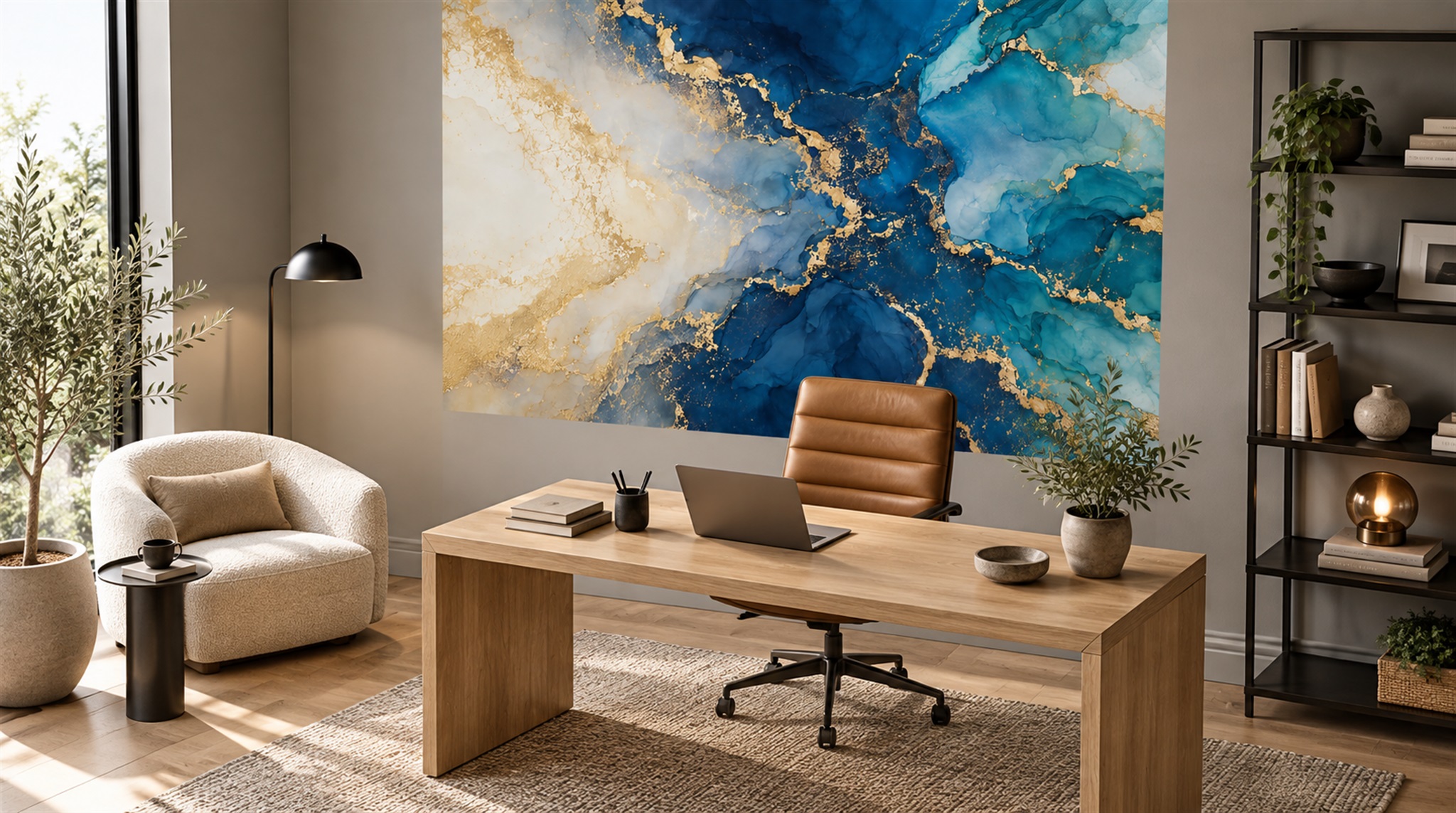 Red And Blue Marble Veining Wallpaper Mural Office-wallpaper-murals, Shown In A Home Office, Peel-and-stick Finish