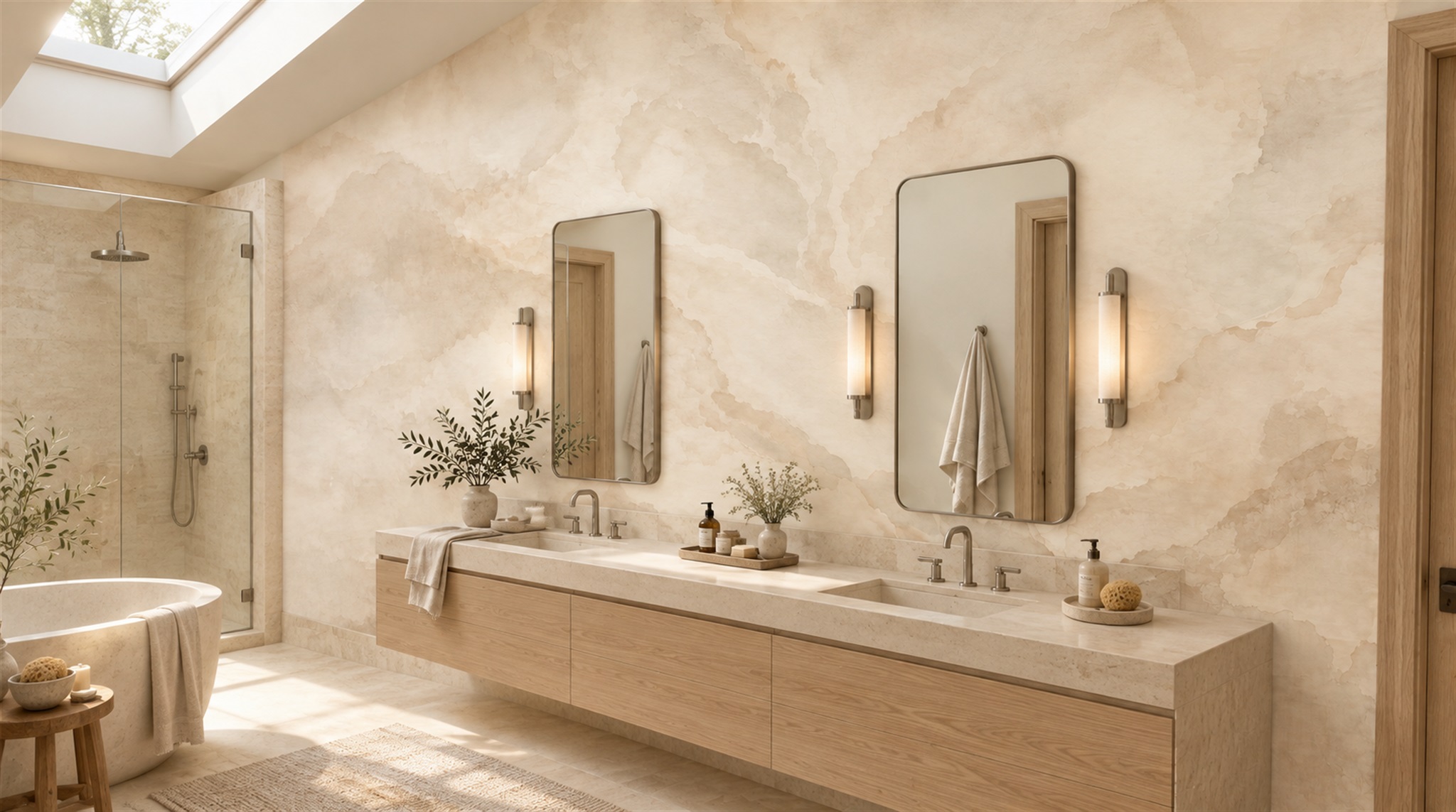 Ivory And Red Marble Veining Decorative Wallpaper Mural Accent-wall-wallpaper-murals, Peel-and-stick Finish