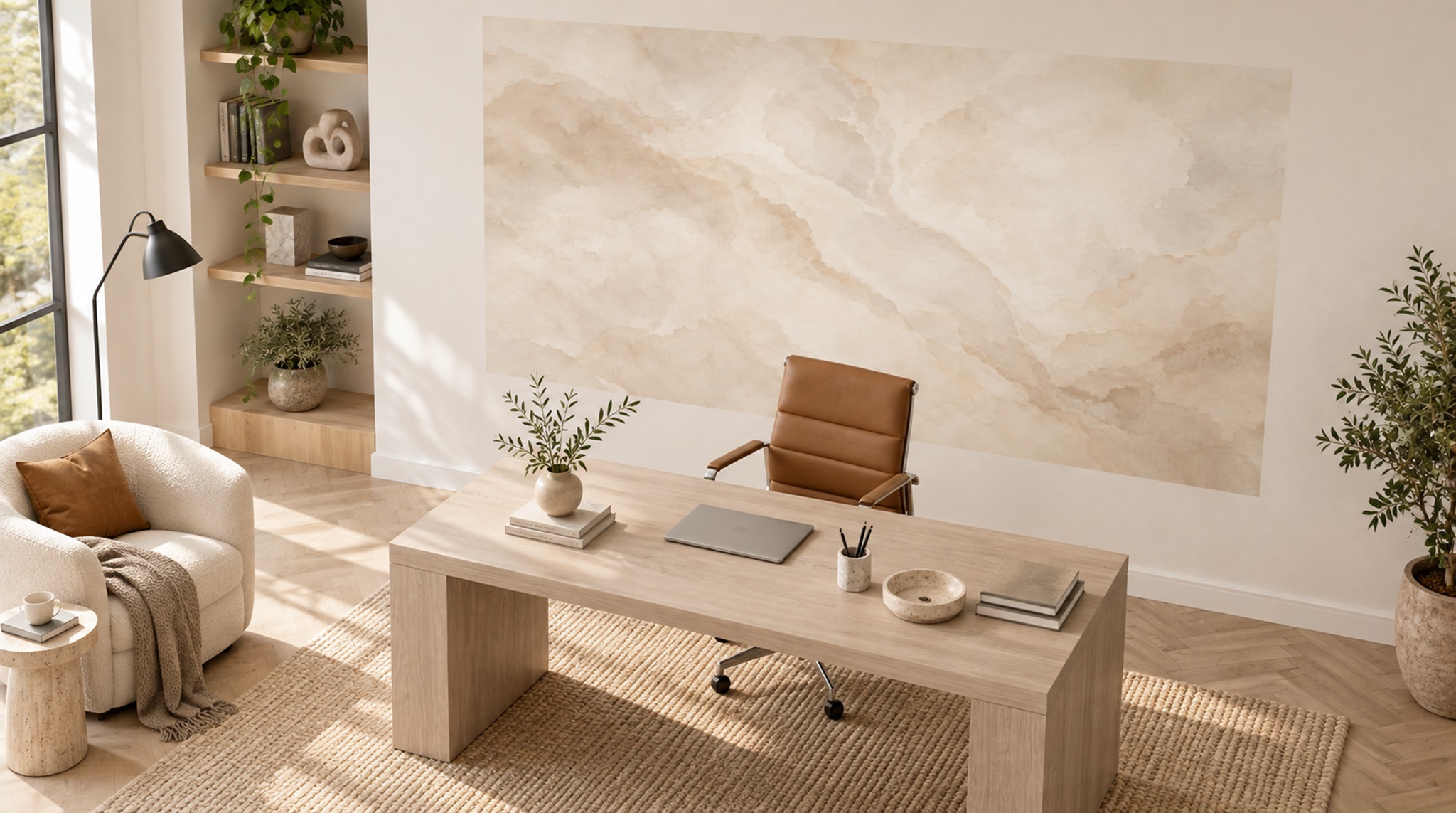 Ivory And Red Marble Veining Decorative Wallpaper Mural Office-wallpaper-murals, Shown In A Home Office, Peel-and-stick Finish